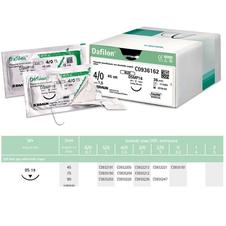 Dafilon non-absorbable sutures blue 4/0 45cm ds19, 36 pieces – oficiali Falcon Medical produkto nuotrauka
