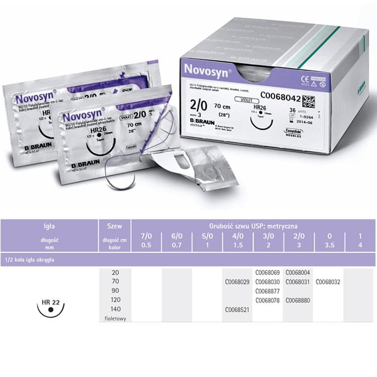 Novosyn absorbable sutures violet 3/0 70cm hr22 – oficiali Falcon Medical produkto nuotrauka