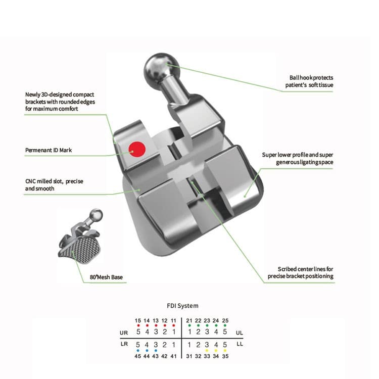 Diamond Star brackets kit Roth .022″ slot, hooks on 3, 4 & 5 (20 pieces) – oficiali Falcon Medical produkto nuotrauka