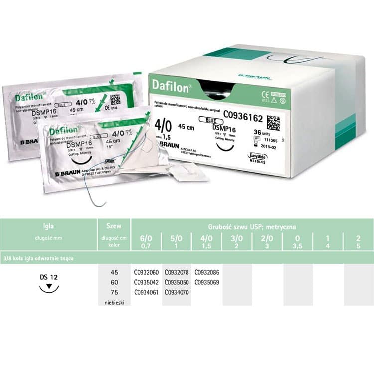 Dafilon non-absorbable sutures blue 5/0 45cm ds12, 36 pieces – oficiali Falcon Medical produkto nuotrauka