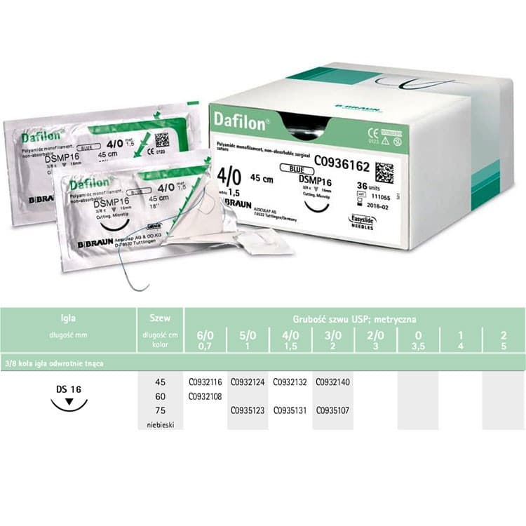 Dafilon non-absorbable sutures blue 4/0 45cm ds16, 36 pieces – oficiali Falcon Medical produkto nuotrauka