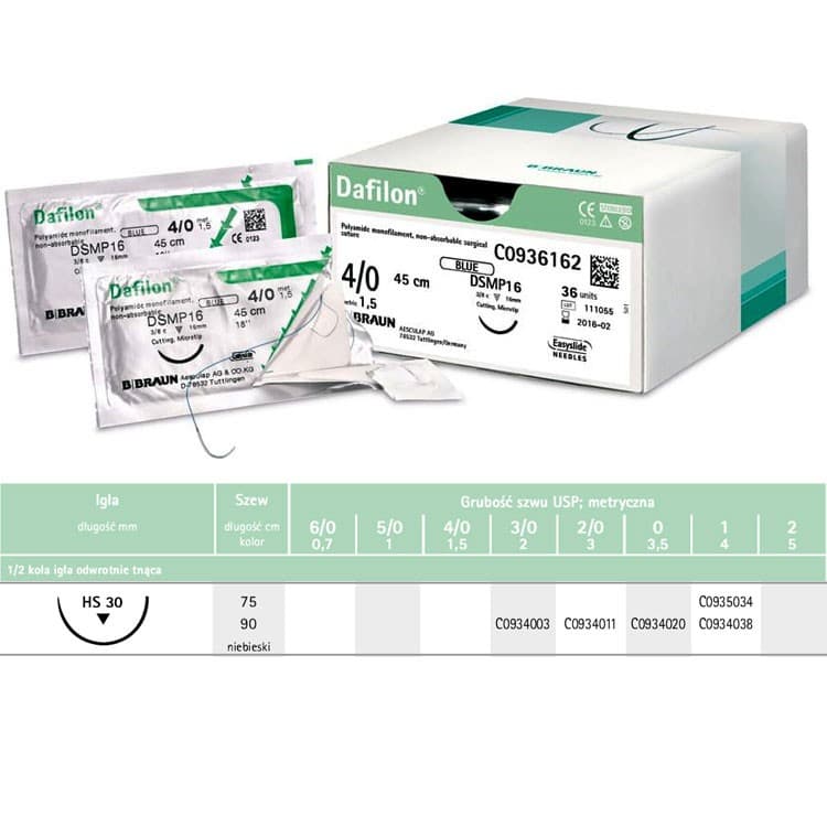 Dafilon non-absorbable sutures blue 3/0 90cm hs30, 36 pieces – oficiali Falcon Medical produkto nuotrauka