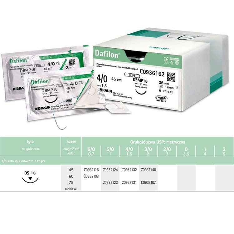 Dafilon non-absorbable sutures blue 3/0 45cm ds16, 36 pieces – oficiali Falcon Medical produkto nuotrauka